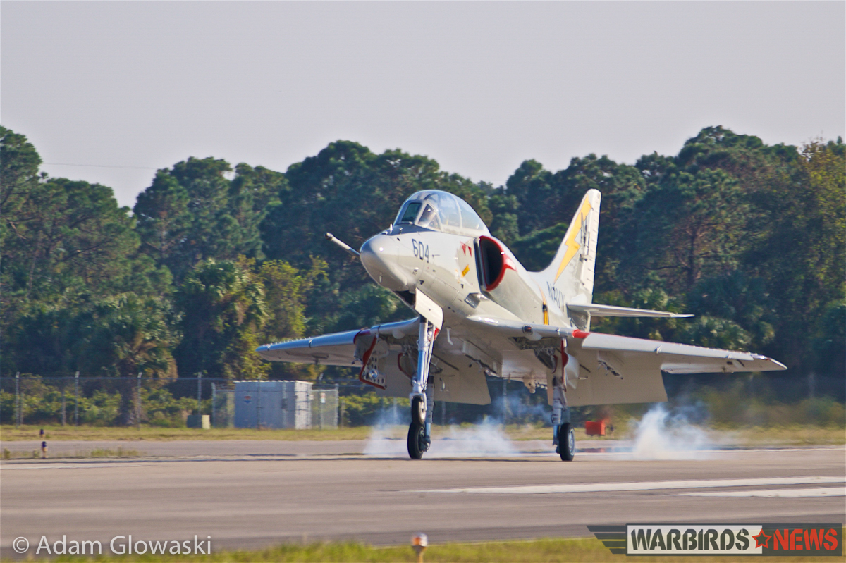 The TA-4J touches down after a successful first flight. (Photo by Adam Glowaski - Box 5 Media)