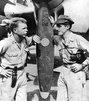 Maj. Thomas B. McGuire Jr. with Richard I. Bong (Majs. Bong and McGuire were the top two scoring U.S. aces in World War II with 40 and 38 victories, respectively; taken Nov. 15, 1944 in the Philippines). (U.S. Air Force photo)