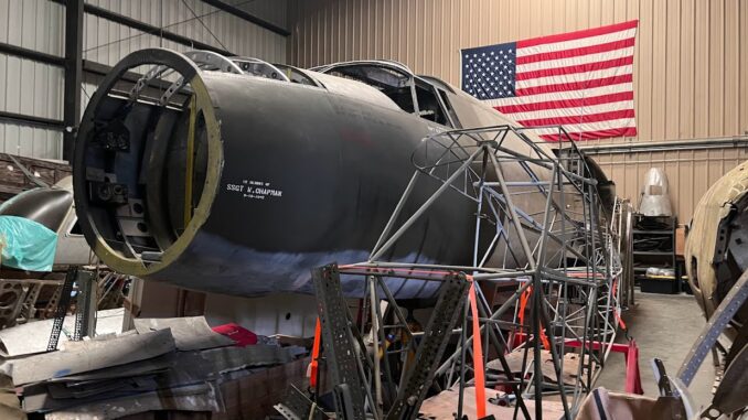 B-26 40-1370’s forward fuselage along with the frame of a Piper L-4