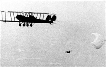 McCook Field Engineering Division chief test pilot Lt Harold R. Harris became the first person to successfully bail out of a plane in an emergency using the freefall ripcord operated parachute