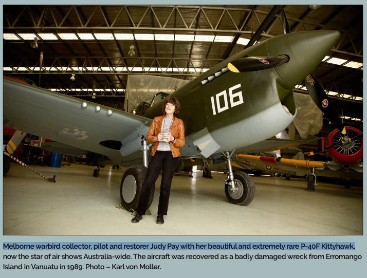 The Swamp Ghost and the Fight to Protect Pacific War Wrecks 13 Melborne warbird collector pilot and restorer Judy Pay with her beautiful and extremely rare P 40F Kittyhawk