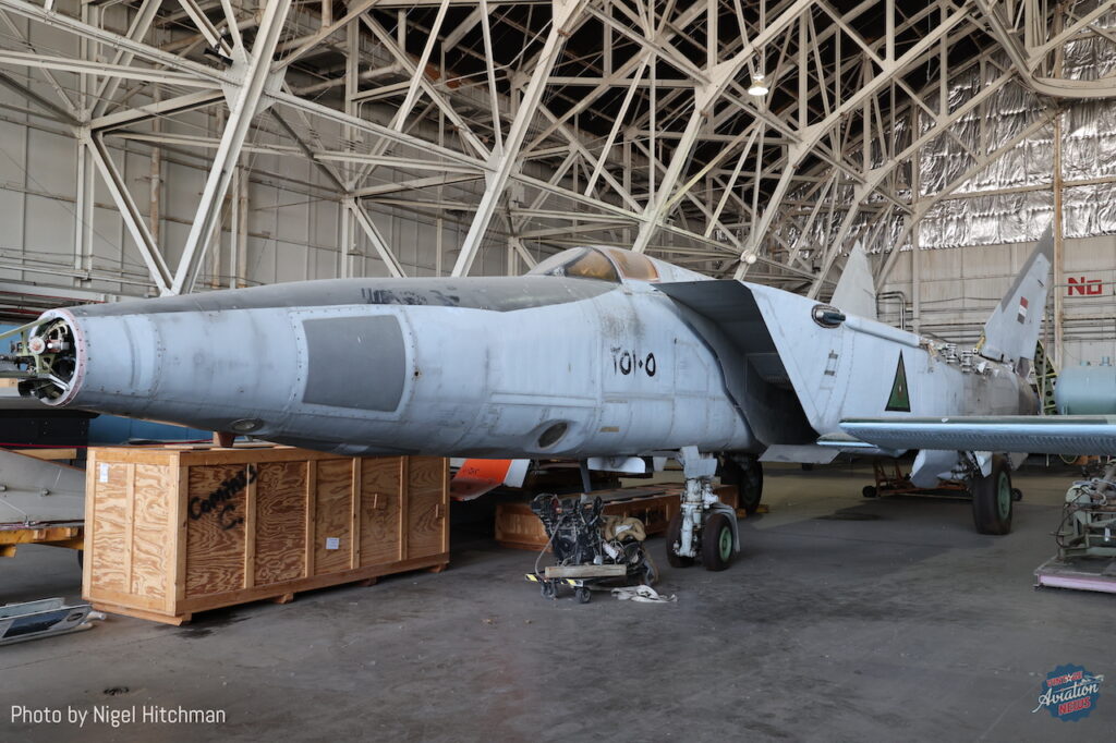 The MiG-25 was a high-speed interceptor that entered service in 1970 and was capable of Mach 2.83. MiG-25s were delivered to Iraq from around 1980 and this example, MiG-25RB 020657, was found by US Forces in 2003 buried in the sand near Al Taqaddum Airbase to avoid its destruction by coalition forces. The wings had been removed and could not be found, but the rest of the aircraft was recovered and eventually arrived at the NMUSAF in 2006 and has been in storage ever since.