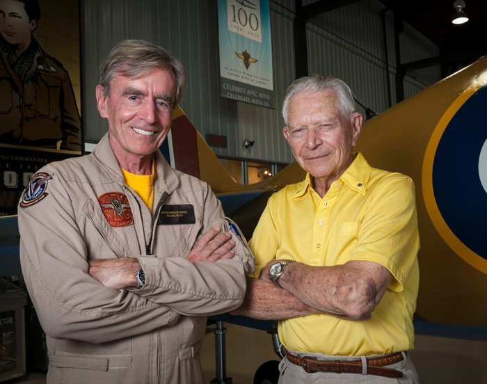 Mike Potter (left) with Second World War fighter pilot legend Wing Commander James “Stocky” Edwards at the Vintage Wings hangar in Gatineau. Potter, a highly experienced Spitfire pilot himself, has provided the massive financial backing that made this project possible. Edwards, living in Comox, has been an encouraging supporter of the project from the beginning. Photo: Peter Handley