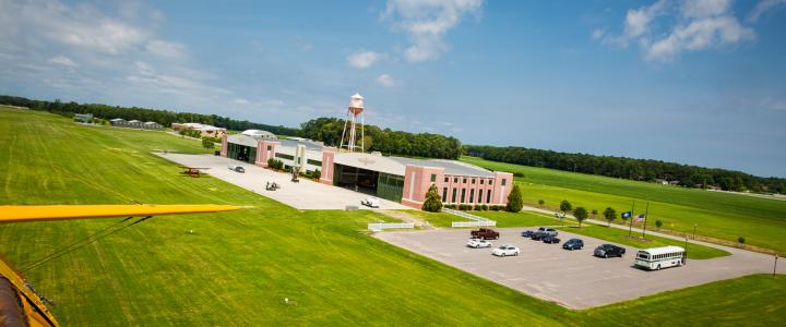 An aerial view of the two main hangars of the Military Aviation Museum