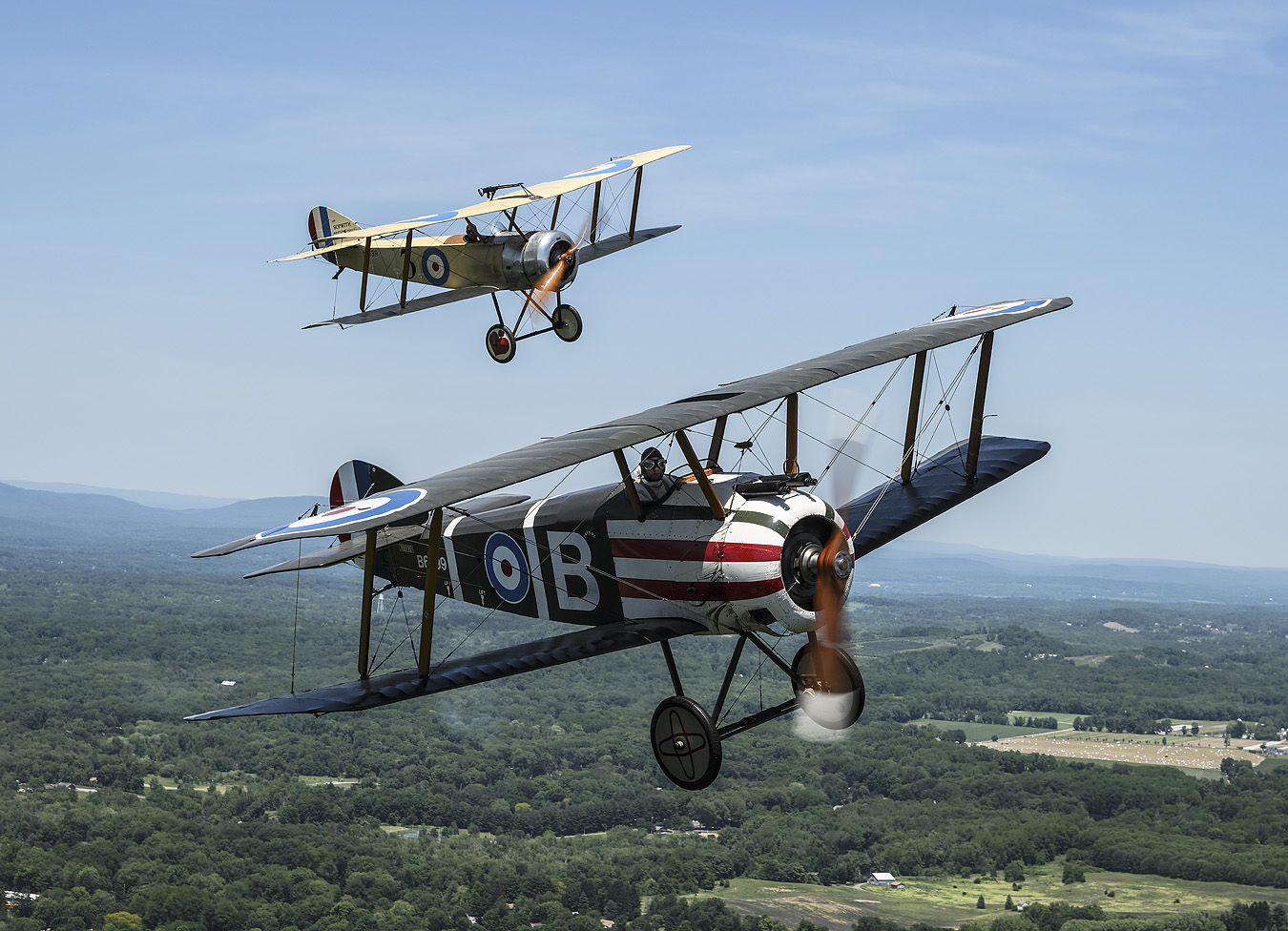 Mondello flying the Le Rhone rotary powered Sopwith Camel with the rotary powered Sopwith Pup in the background at Old Rhinebeck Airdrome. Photo by Warren Disbrow