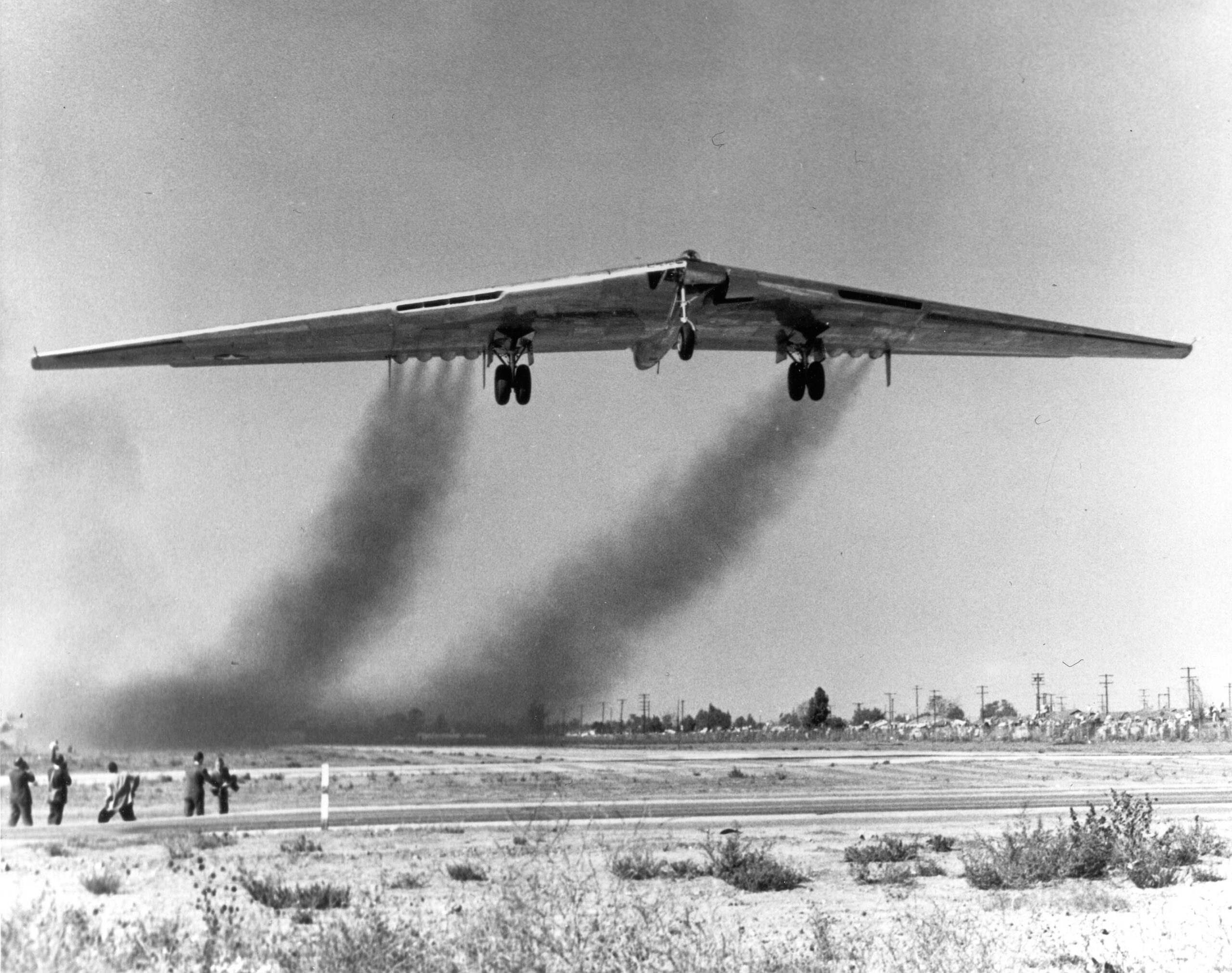 Northrop YB 49 42 102367 takes off from Northrop Field Hawthorne California. U.S. Air Force scaled