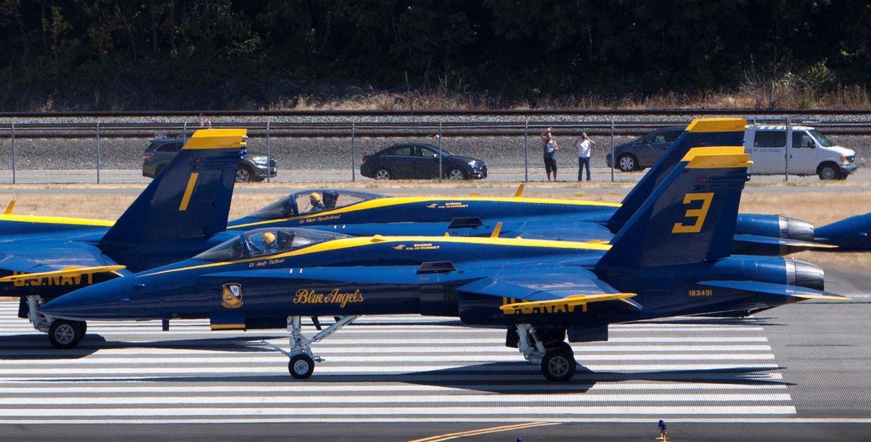 Blue Angels on the threshold at Boeing Field. (photo via Museum of Flight)