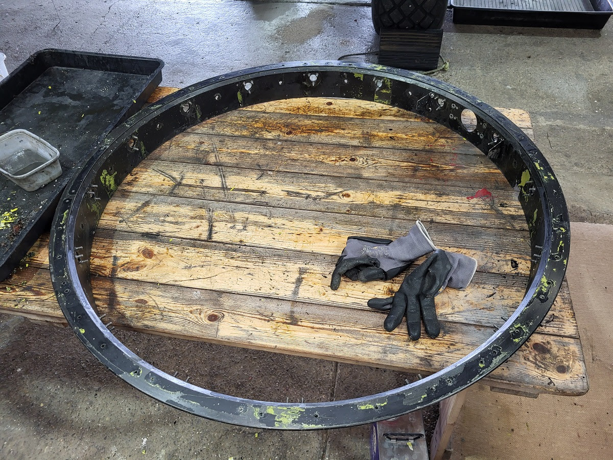 One of the rotation rings removed from the spare turret for NX611s nose turret restoration