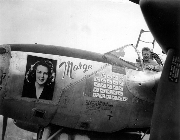 P 38J Marge 42 103993 left side of the nose with Captain Richard I. Bong seated in the cockpit