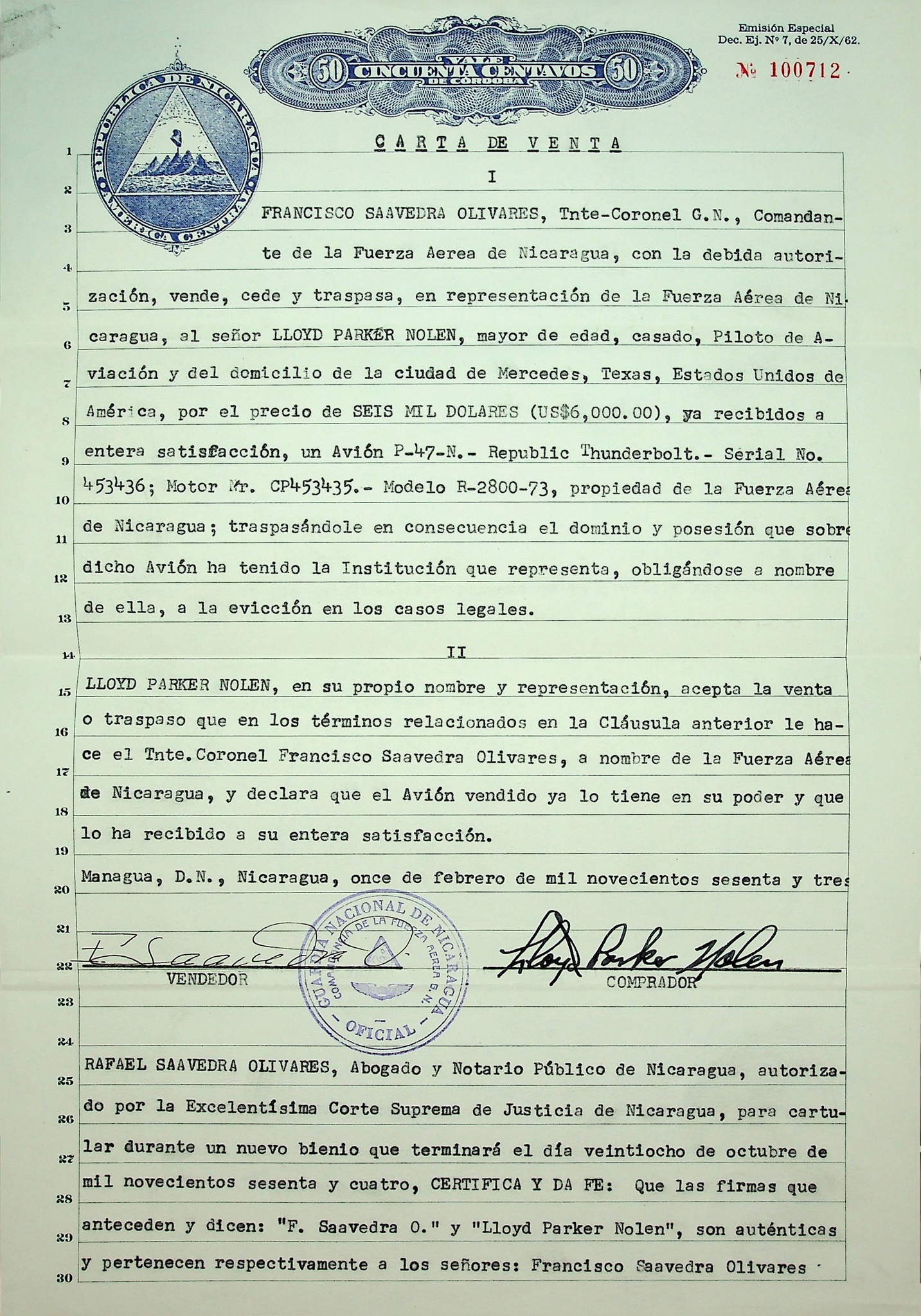 P 47 Thunderbolt S N 44 89136 Bill of Sale