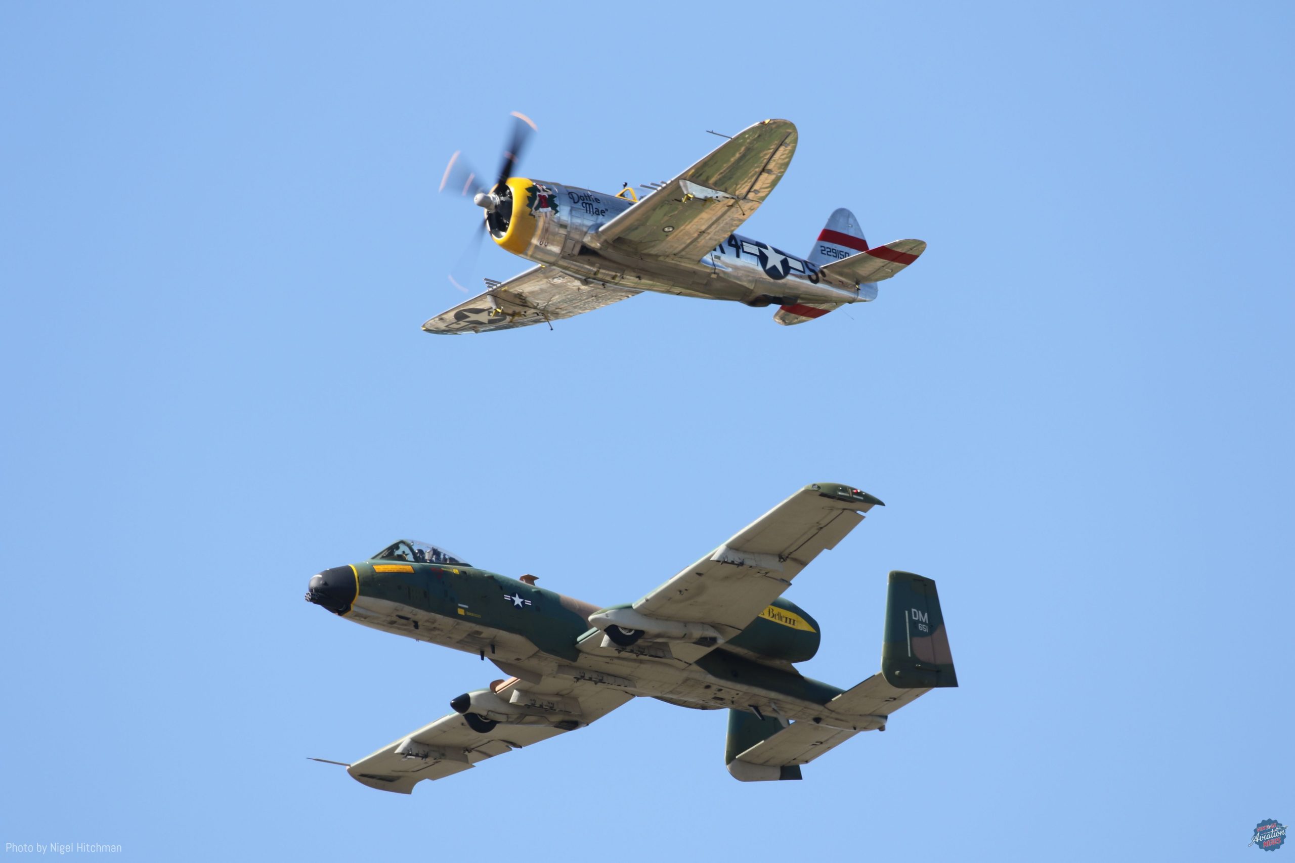 P 47D Dottie Mae of Allied Fighters and A 10C Memphis Belle III during the Air Force Heritage Flight scaled