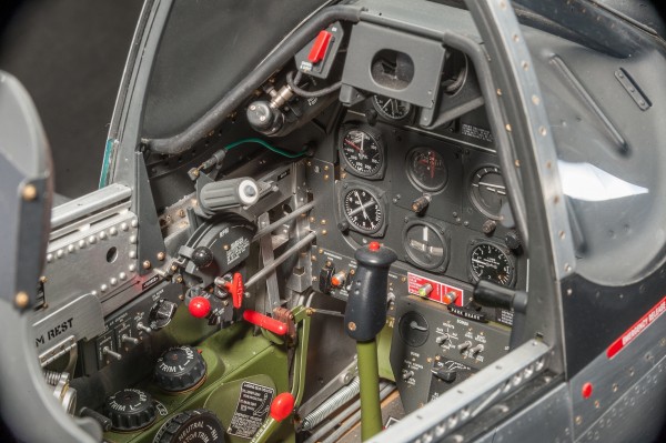 In this picture you can see the amazing detailed work in the cockpit.The console houses controls for the flaps, undercarriage, rudder, elevator and aileron trim tabs and bomb release. 