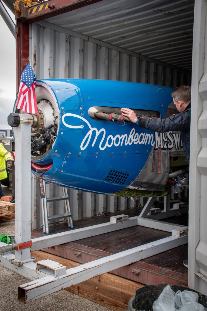 P 51D Mustang ‘Moonbeam McSwine Arrives at Biggin Hill Heritage Hangar 10