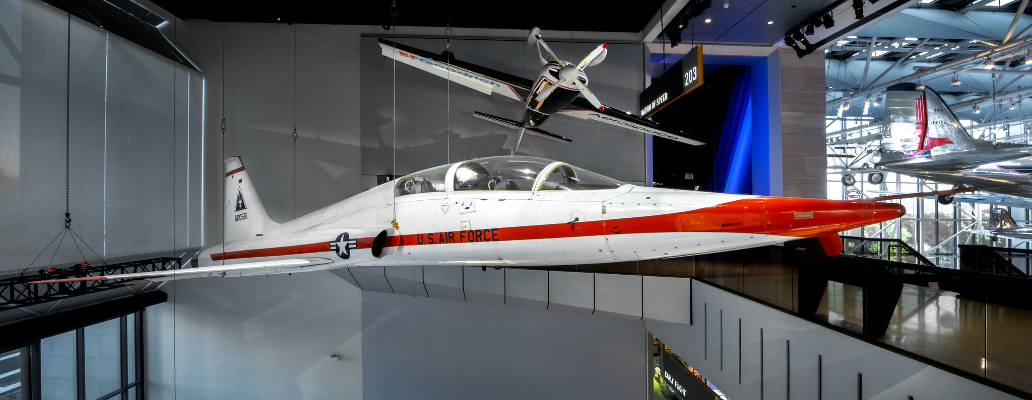 Patty Wagstaffs Extra 260 hangs above the Northrop T 38 Talon at the Smithsonians National Air and Space Museum in Washington DC.