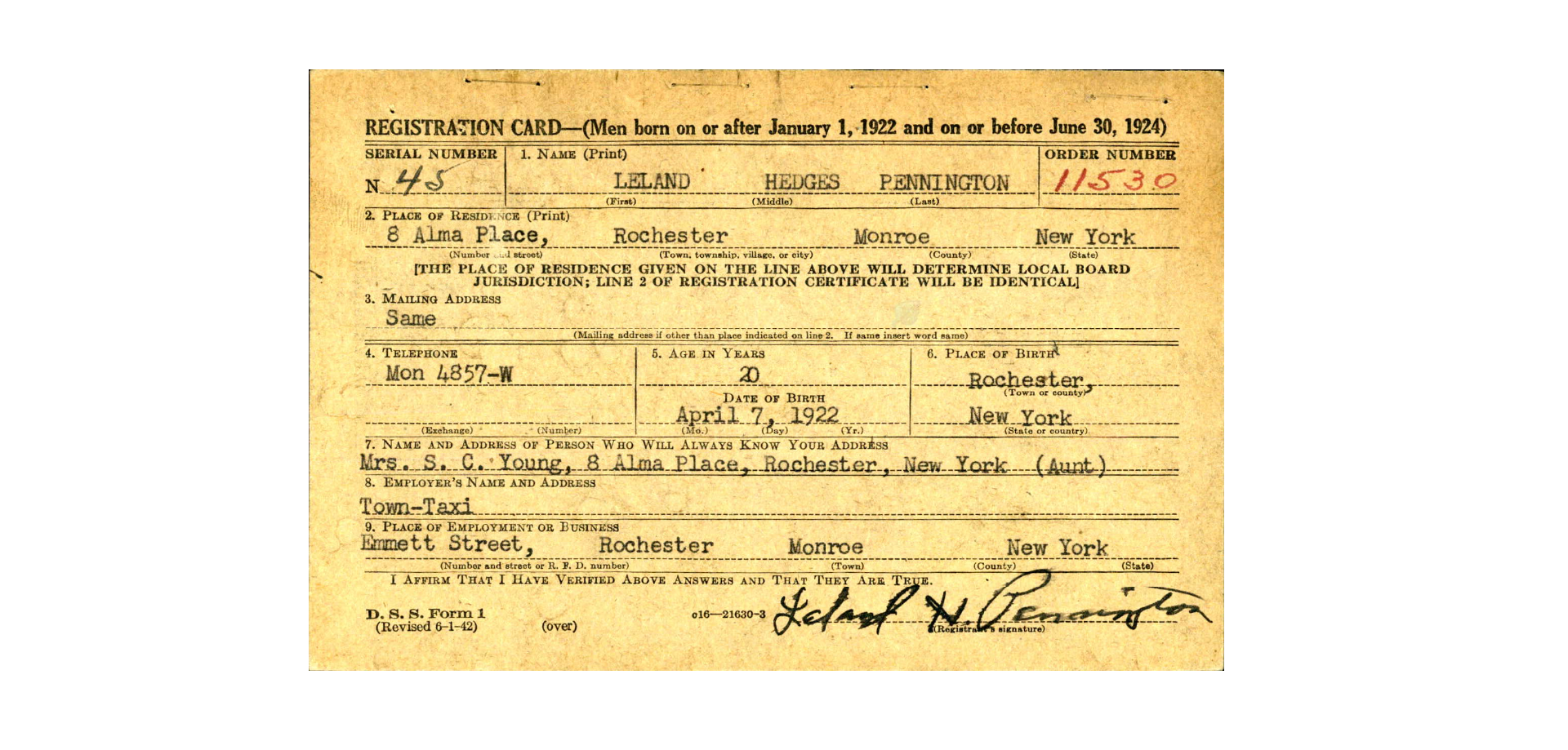 Pennington Draft Card Of Age 7 1 1942