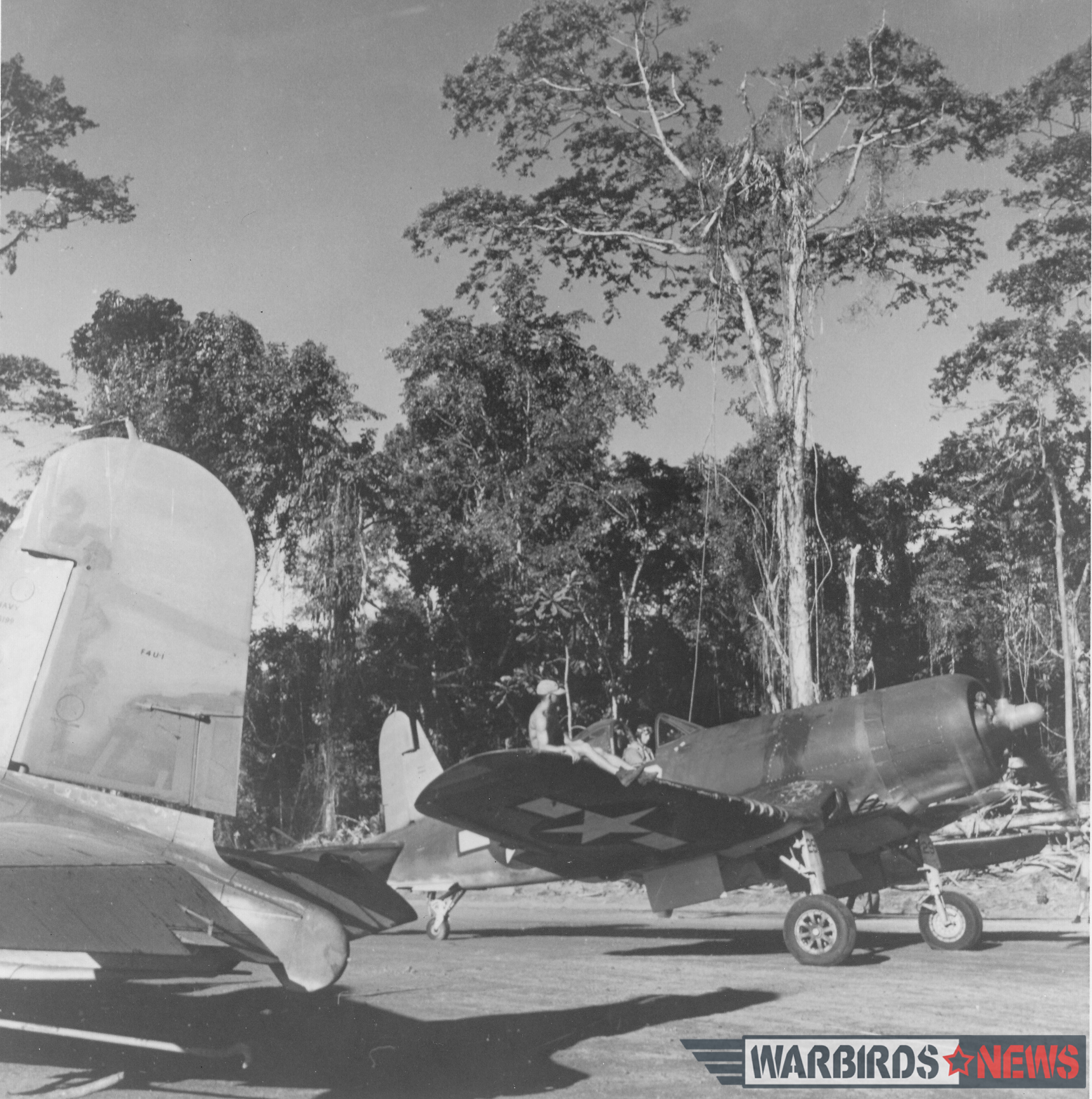 Most of the Navy fighter squadrons in the Solomons were equipped with F6F Hellcats, but VF-17, led by Lt. Cdr. John “Tommy” Blackburn, deployed to the South Pacific with Corsairs. During two combat tours in the Solomons, the “Jolly Rogers” were officially credited with more than 150 aerial victories and produced 11 aces. Pictured is the squadron’s top ace, Ira “Ike” Kepford (16 victories), taxiing from a revetment on Bougainville prior to a mission against Rabaul. Photo credit: Bruce Gamble collection via National Archives