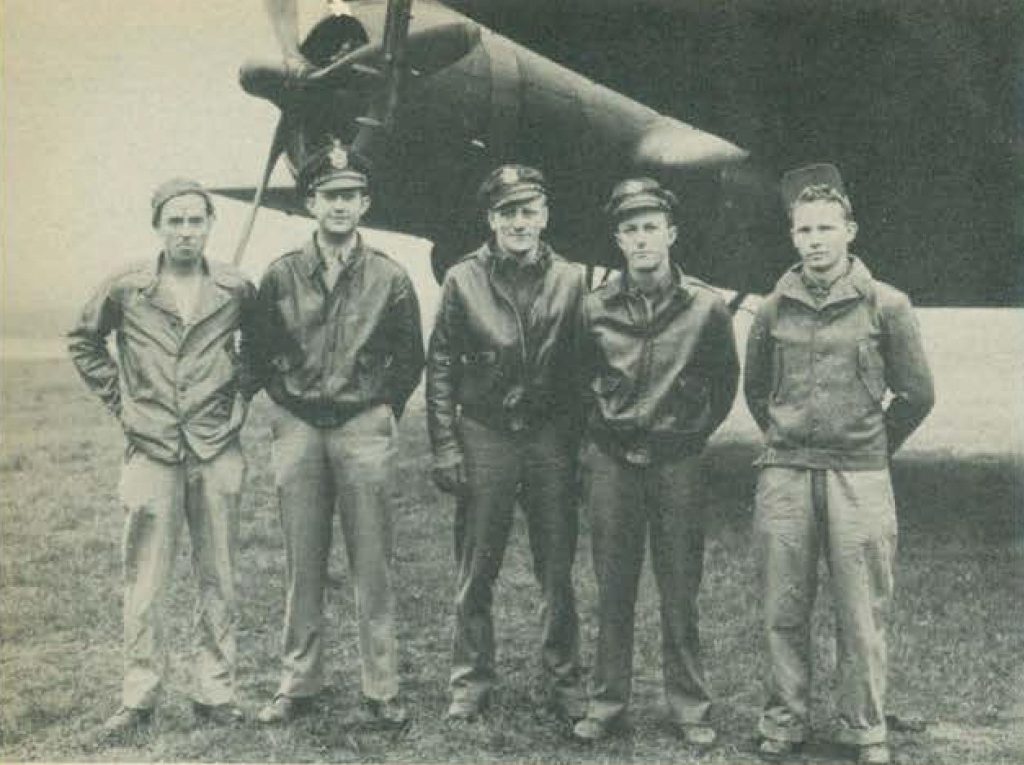 Placid Lassie crew L R TSgt Eddie A. Apodaca 1st Lt William E. Vaughn Jr. 1st Lt Merton E. Eckert 1st Lt Richard H. Lum SSgt Edward H. Tunison