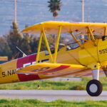 PT-17 Stearman 41-8746/N555BF arrives at Chino. [Photo via Planes of Fame]