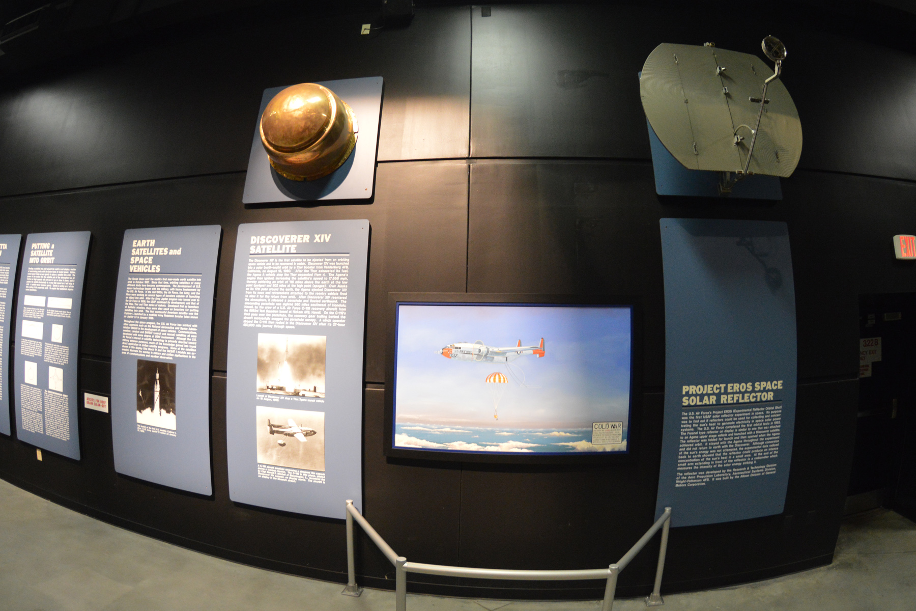 Portion of the Discoverer XIV satellite and Project EROS space solar reflector in the Missile and Space Gallery at the National Museum of the United States Air Force. U.S. Air Force photoJPG