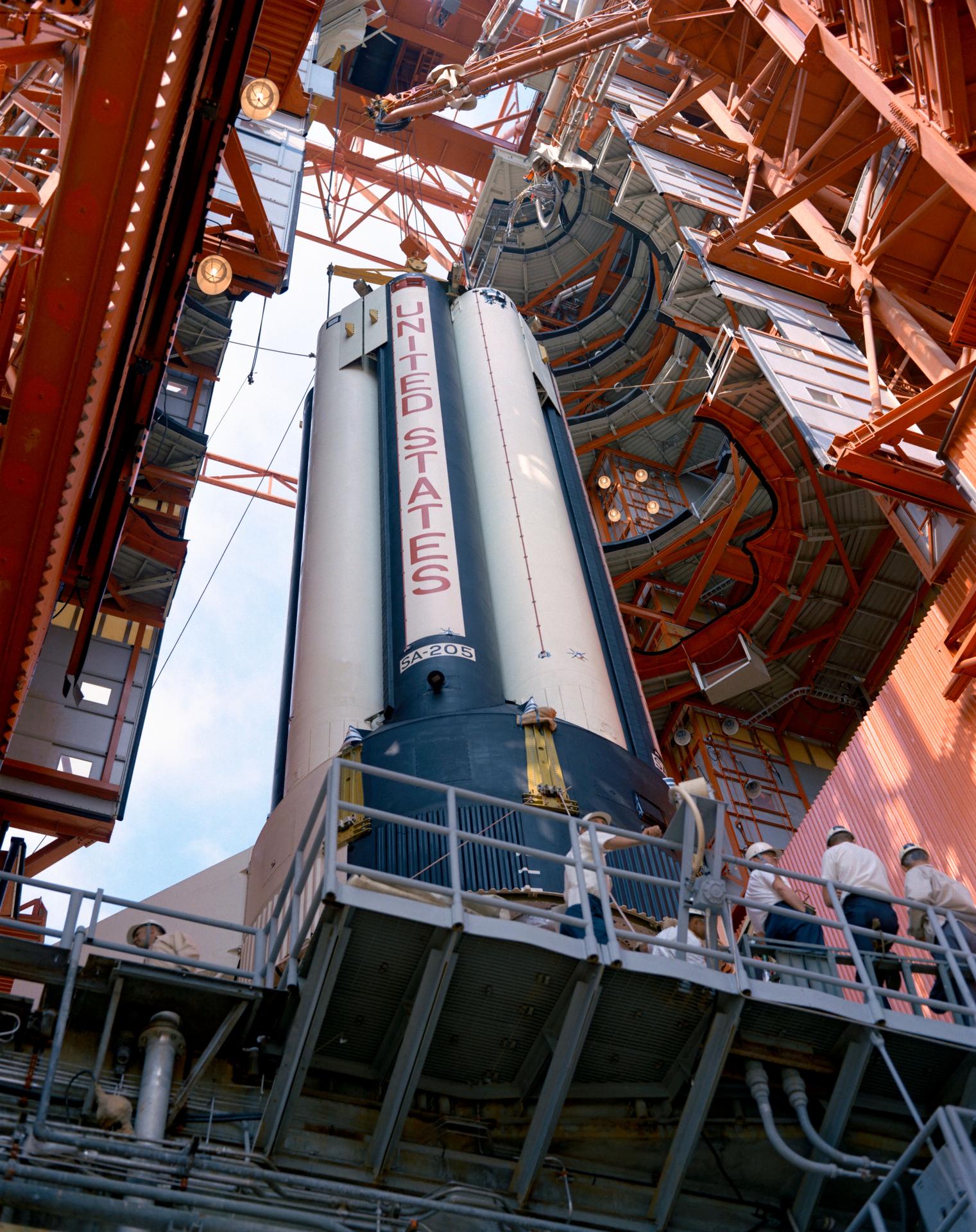 Prelaunch – Apollo VII Erection of First Stage – KSC