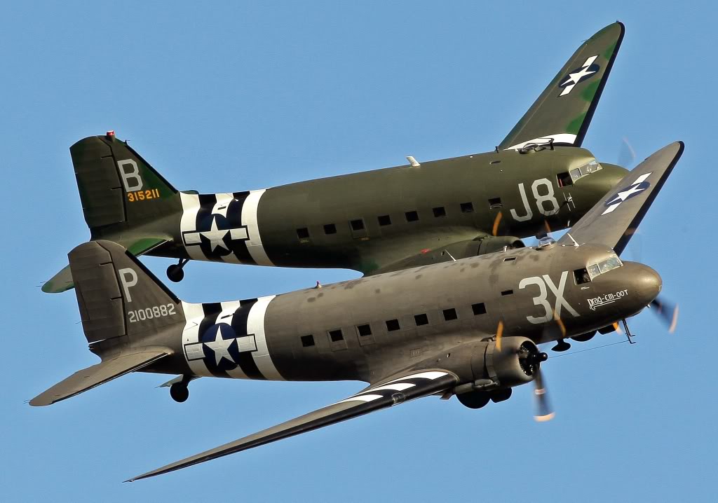 Project Two restored Douglas DC 3 C 47 Dakota Skytrains in formation during an airshow