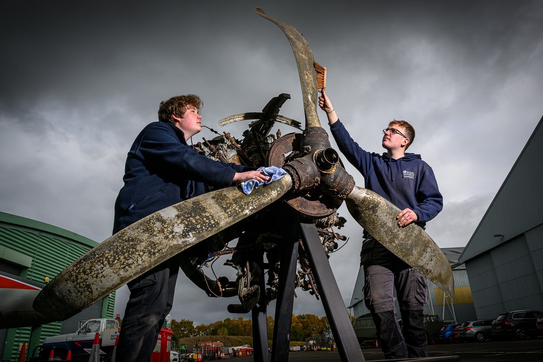 RAF Museum Apprentices with Dornier Do 17 engine and propeller 2