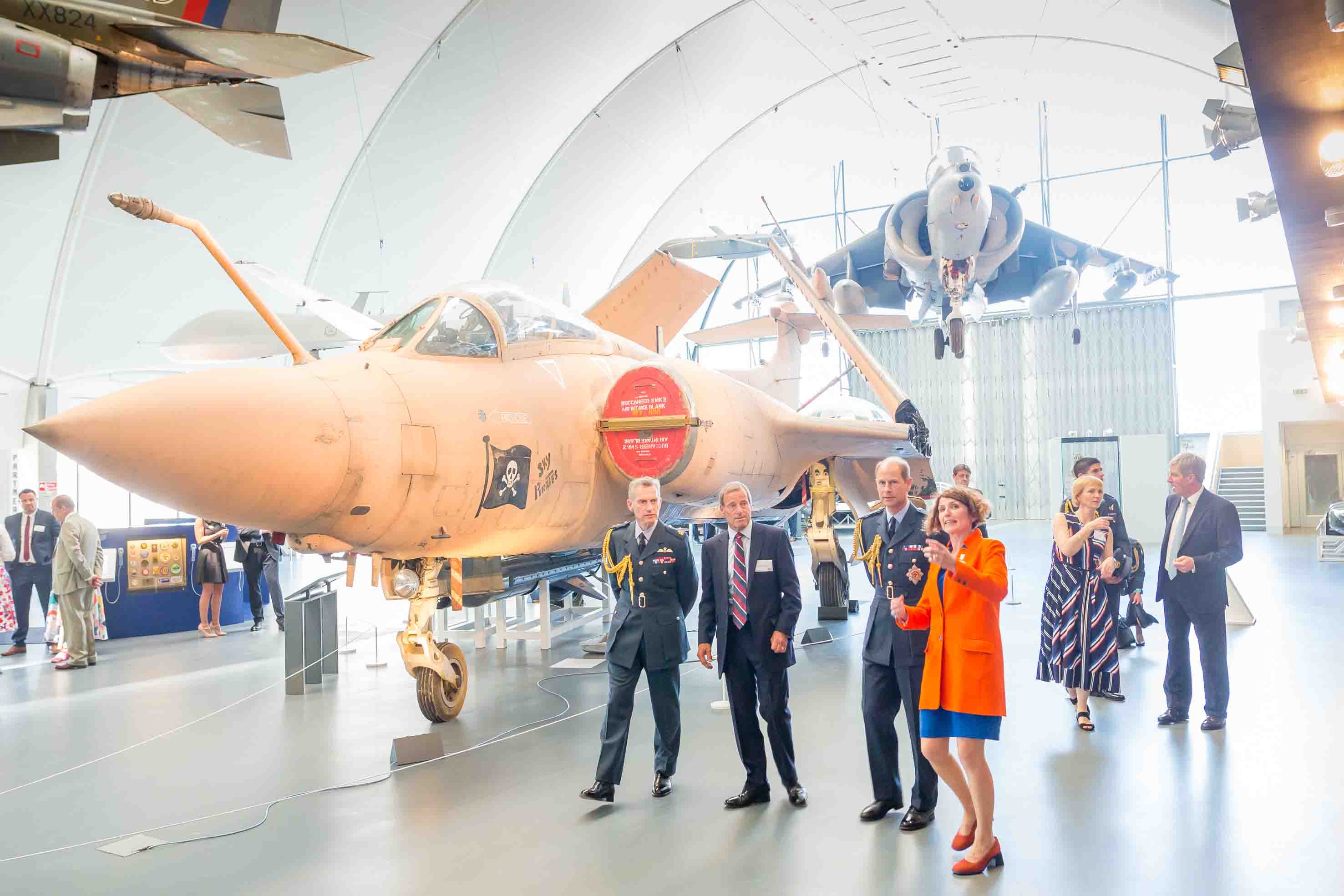 RAF Museum CEO Maggie Appleton with HRH The Earl of Wessex in the refurbished Hangar 6 at the RAF Museum