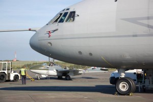 RAF Vickers VC10 on the ground at Newquay with the museum's airworthy de Havilland Vampire. (Image Credit: Classic Air Force Museum)