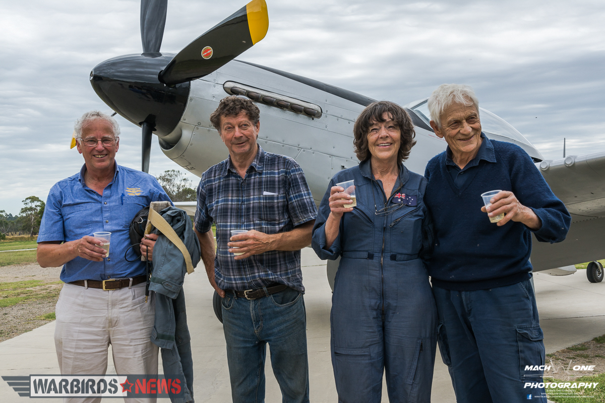 Toasting their success after years of hard work from L-R: Pilot Nick Caudwell, Owner Peter Gill, Chase Pilot Judy Pay, Chief Project Engineer Peter Robinson. (photo by Matt Savage/Mach One Photography)