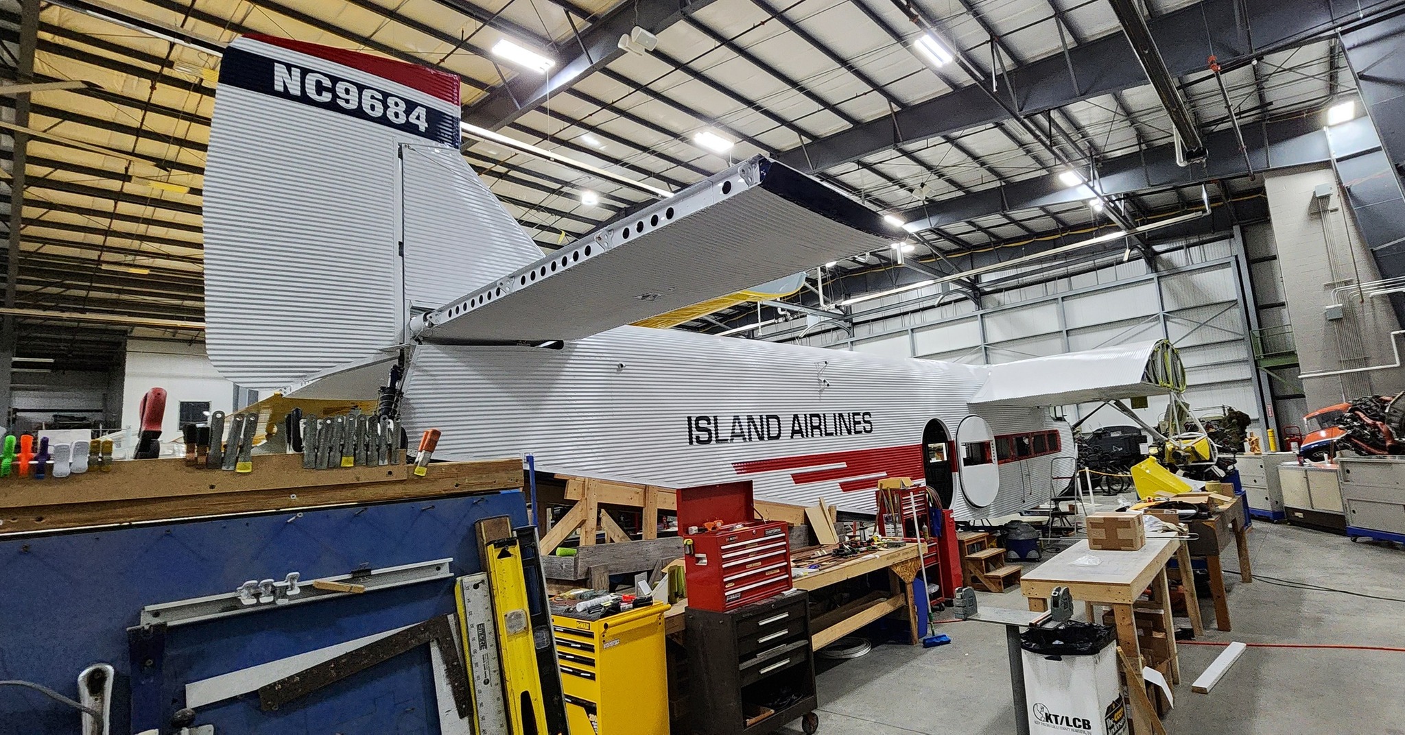 Rear 3 4 view of NC9684 nearing completion August 2024 THF s Port Clinton Ford Tri Motor Restoration