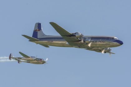 Red Bull Douglas DC 6B OE LDM amd Lockheed P 38 Lightning ILA Berlin Airshow