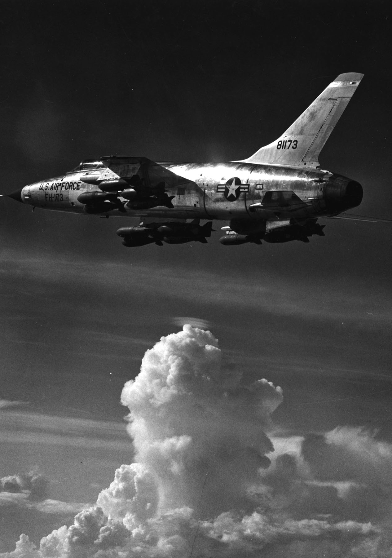 Republic F 105D 5 RE Thunderchief 58 1173 carrying a bomb load of sixteen 750 pound M117 general purpose bombs. U.S. Air Force