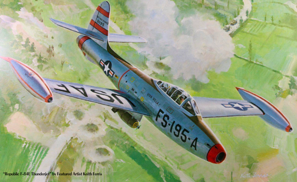 New York. "Republic F84-E Thunderjet" - This painting by Keith Ferris highlights the F-84 Thunderjet, which earned significant acclaim during the Korean War, achieving prominence initially as a fighter-bomber tasked with escorting B-29s during extended missions over North Korea.