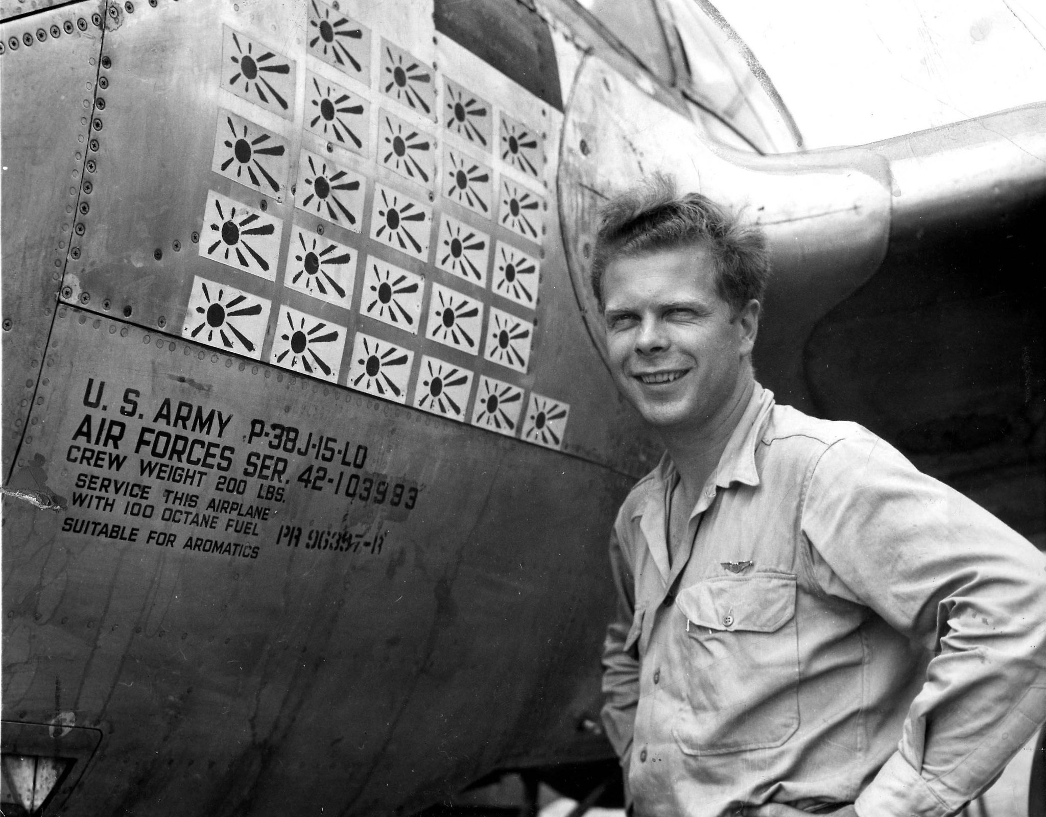 Richard Bong, the World War II fighter ace from Poplar, Wisconsin, was a captain when this photo was taken next to his P-38 fighter in the South Pacific in 1944. At the time, he had 25 Japanese flags flags on the side of his plane to show his score od downed enemy aircraft. Bong went on to down 40 enemy aircraft.
