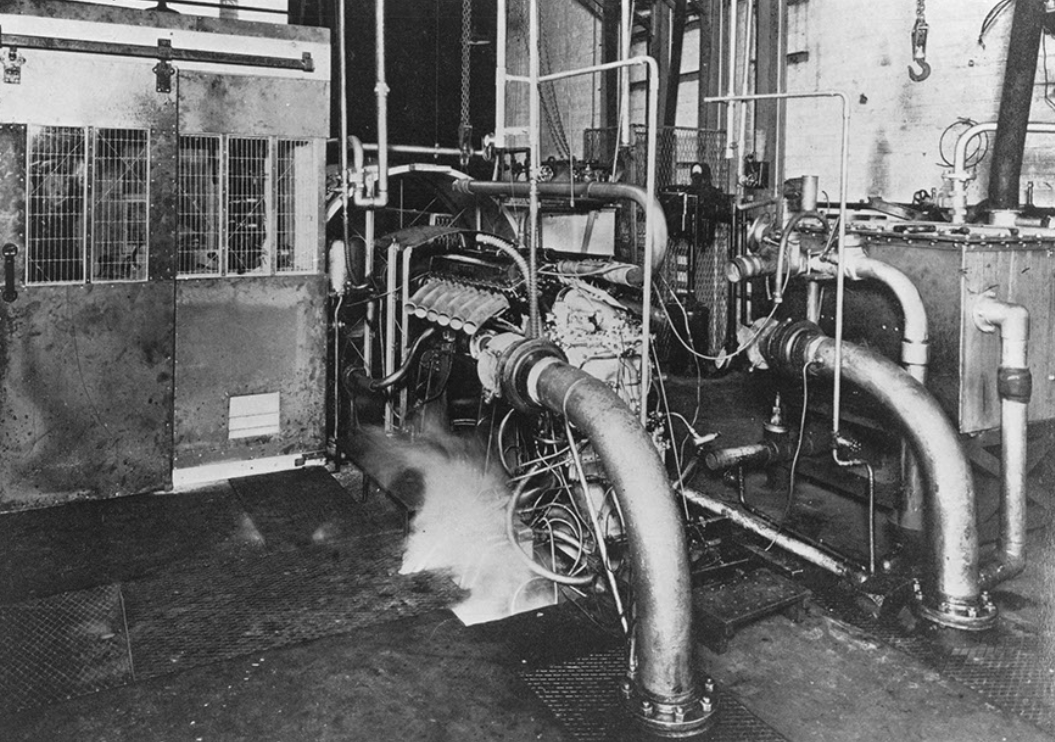 The Mustang and the Merlin 17 Rolls Royce Merlin engine on test in testbed at Nightingale Road Main works Derby