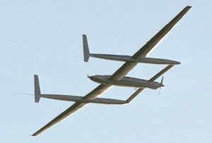 Rutan Voyager arriving at Edwards Air Force Base, completing its record- breaking, non-stop unrefueled flight around the world. (Image Credit: NASA)
