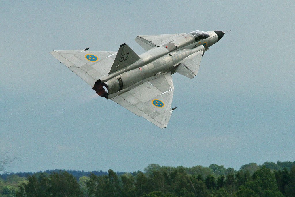 Saab AJS37 Viggen displays its unmistakable profile while taking off for its solo performance. (Image Credit: Alan Wilson CC 2.0)