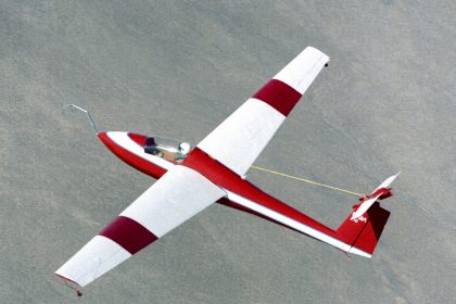 A Schweizer SGS 1-36 sailplane, used by NASA for a series of deep-stall research flights in the early 1980s, is shown here in flight over the Mojave Desert in California.
