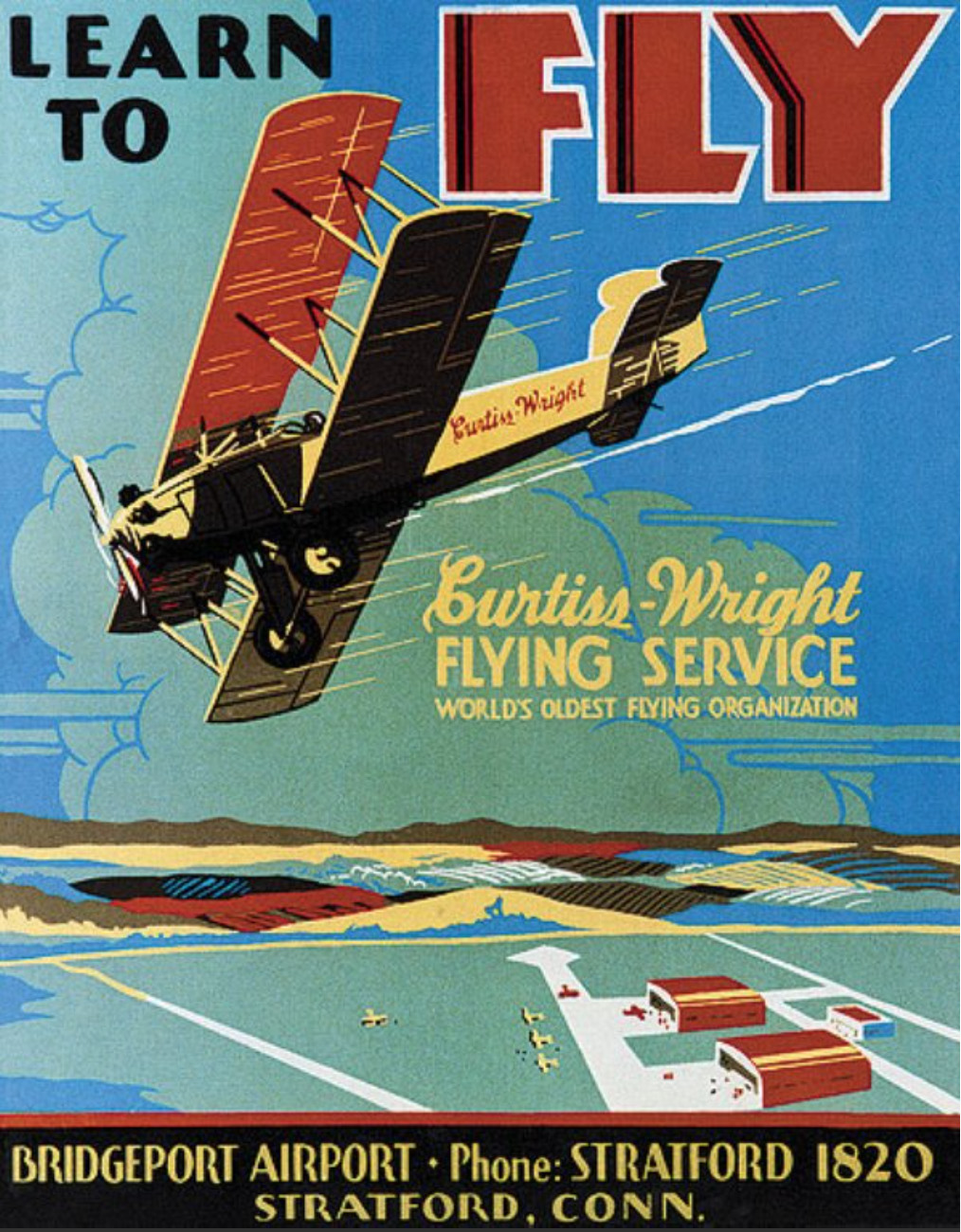 A reproduction poster of an original dating from the time the Curtiss Flying School opened its branch at the Bridgeport airfield in 1928. (via Richard Mallory Allnutt)