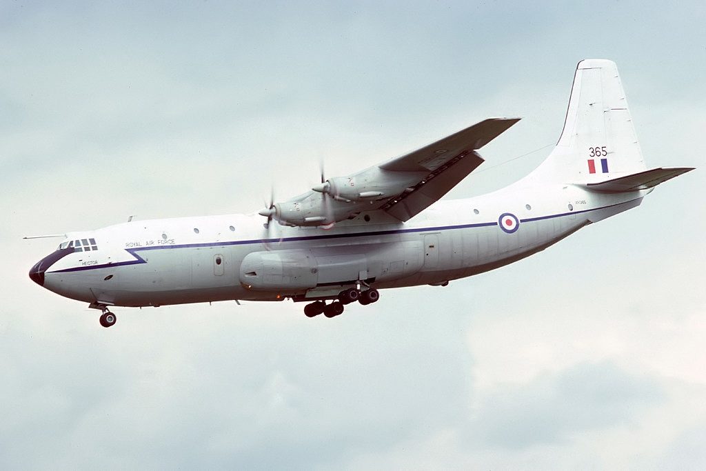 Short SC 5 Belfast C.1 XR365 Hector 53 Squadron landing at Brize Norton 20May76 photo by Mike Freer via Wikipedia sold to Heavylift and registered G HLFT later registered 9L LDG and RP C8020 1