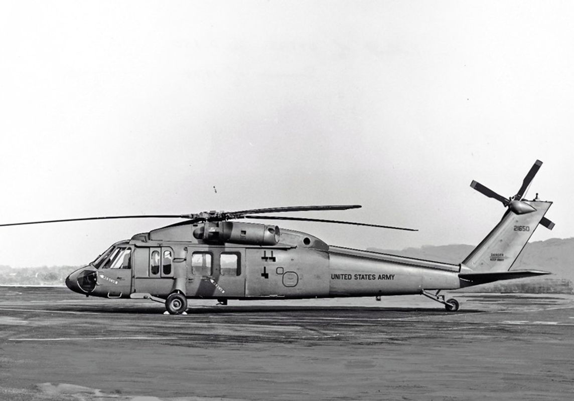 Sikorsky YUH 60A 73 21650 at roll out 28 June 1974 with low main rotor large area tail rotor pylon and swept stabilator. Sikorsky a Lockheed Martin Company