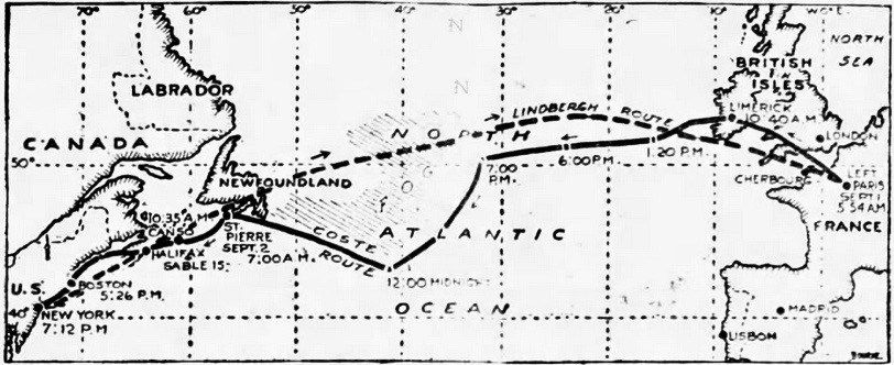 Solid black line shows the course that Costes and Bellonte took from Paris. The broken line is the famous Lindbergh route