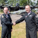 Sqn Ldr Mark ‘Suggs Sugden MBE left has handed over command of the RAF BBMF to Sqn Ldr Paul ‘Ernie Wise right