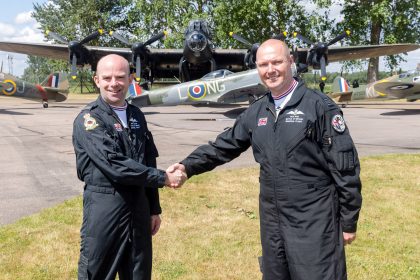 Sqn Ldr Mark ‘Suggs Sugden MBE left has handed over command of the RAF BBMF to Sqn Ldr Paul ‘Ernie Wise right