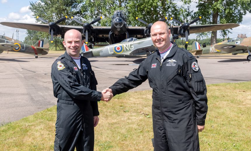 Sqn Ldr Mark ‘Suggs Sugden MBE left has handed over command of the RAF BBMF to Sqn Ldr Paul ‘Ernie Wise right