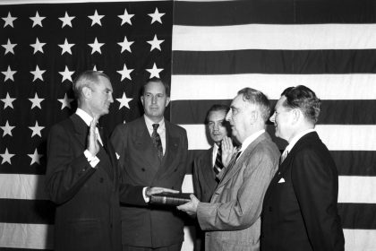 Stuart Symington was sworn in as the first Secretary of the Air Force by Chief Justice Fred Vinson U.S. Air Force photo