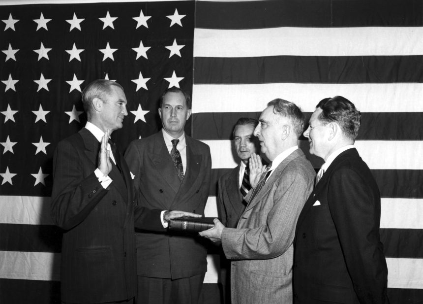 Stuart Symington was sworn in as the first Secretary of the Air Force by Chief Justice Fred Vinson U.S. Air Force photo
