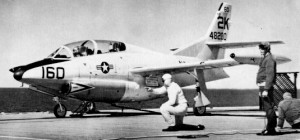 A U.S. Navy North American T2J-1 Buckeye trainer aircraft (BuNo 148200) of training squadron VT-7 on the catapult of the training aircraft carrier USS Antietam (CVS-36) in the early 1960s. The T2J-1 was redesignated T-2A in 1962. ( U.S. Navy photo)