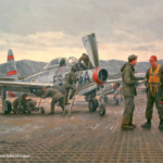 "Mission from Taegu" - This painting by Gil Cohen shows the F-84Es of the 158th Fighter Bomber Squadron operating at the FOB Taegu Air Base during the Korean War.