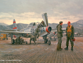 "Mission from Taegu" - This painting by Gil Cohen shows the F-84Es of the 158th Fighter Bomber Squadron operating at the FOB Taegu Air Base during the Korean War.